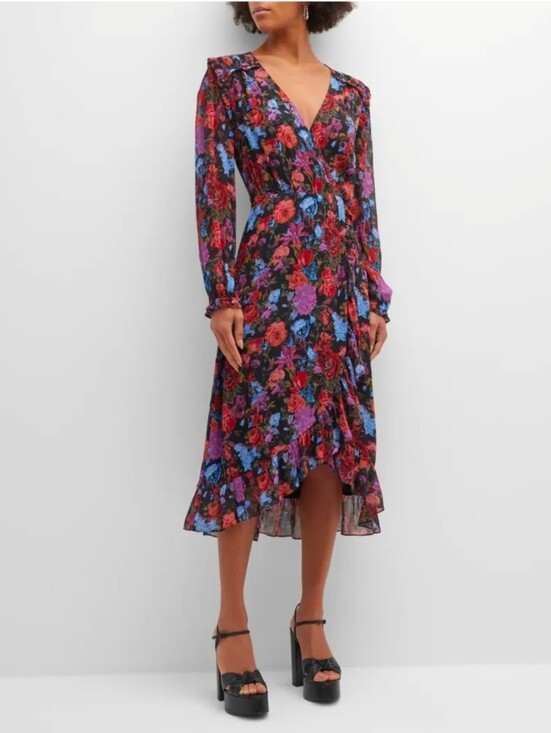 PAIGE Dresses & Skirts - PAIGE Paulette Floral Long Sleeve V-Neck Midi Wrap Dress - Black Red Pink Multi